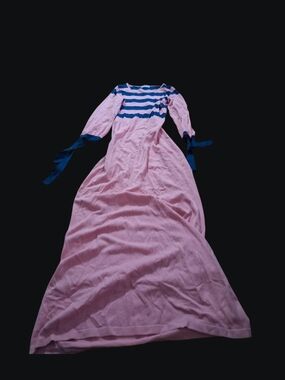 Women Pink Maxi Dress with Navy Stripes and Tie Sleeves